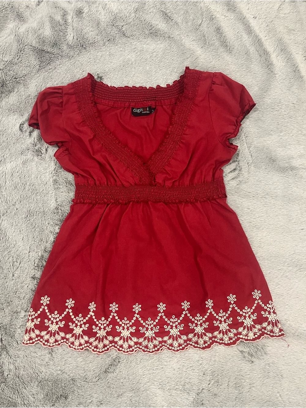 Red Embroidered V-Neck BabydollTop